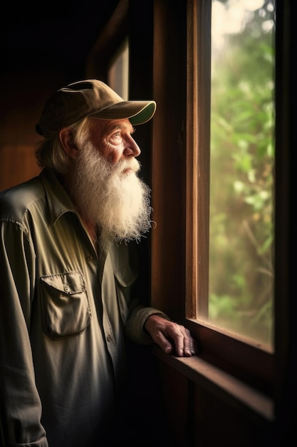 Captura de un anciano de pie junto a la ventana mientras realiza un recorrido por la vida salvaje creado con IA generativa