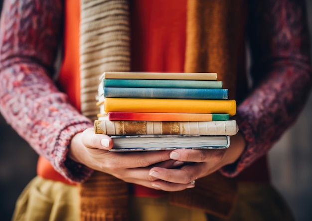 Captura aproximada das mãos de um educador segurando uma pilha colorida de livros com suavidade natural