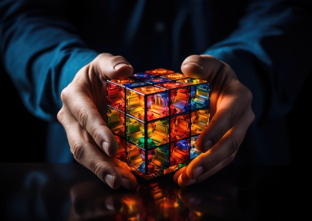 Captura aproximada das mãos de um matemático manipulando um Cubo de Rubik com cores vibrantes e um