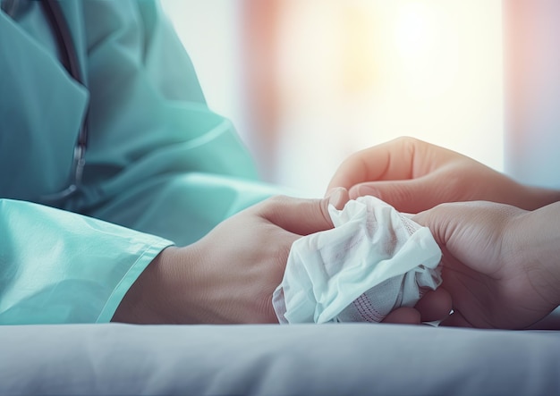 Captura aproximada das mãos de uma enfermeira segurando suavemente a mão de um paciente, mostrando a intrincada