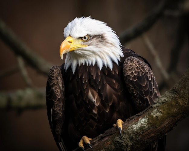 Captura aproximada de águia careca em um galho de árvore olhando para a frente