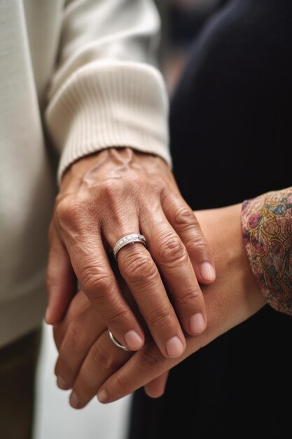 Foto captura aproximada de duas pessoas irreconhecíveis de mãos dadas criadas com ia generativa