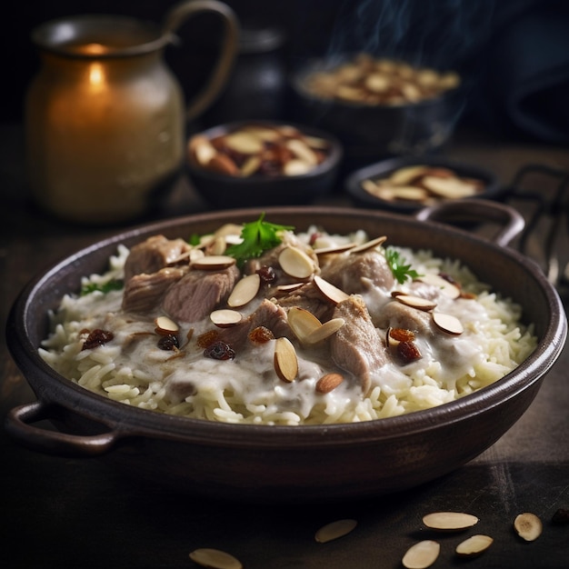 Captura aproximada de mansaf jordaniano com arroz e enfeite