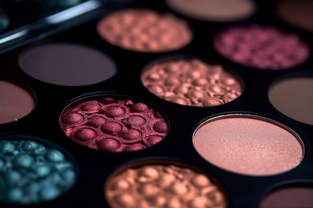 Captura aproximada de maquiagem de cosméticos de sombra Tiro macro de paleta de sombras profissional Coleção de sombras para os olhos tema de maquiagem gerado por IA