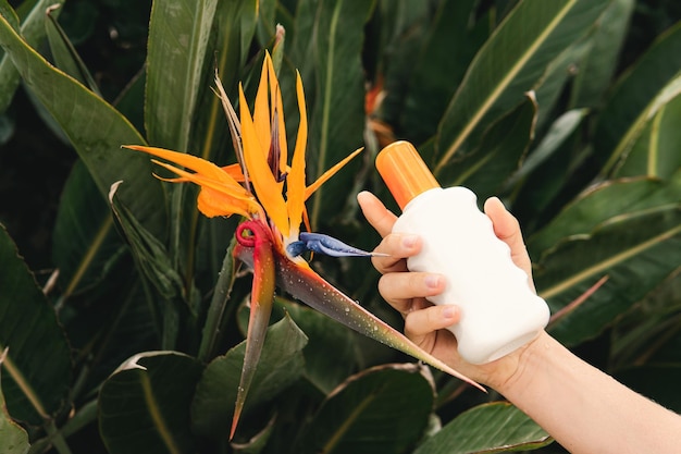 Captura aproximada de mulher segurando garrafa de produto para cuidados com a pele perto da flor tropical