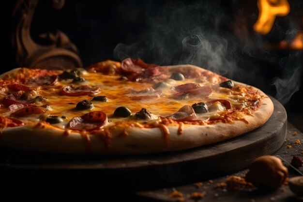 Captura aproximada de pizza fumegante de forno a lenha em uma placa de madeira Generative Ai