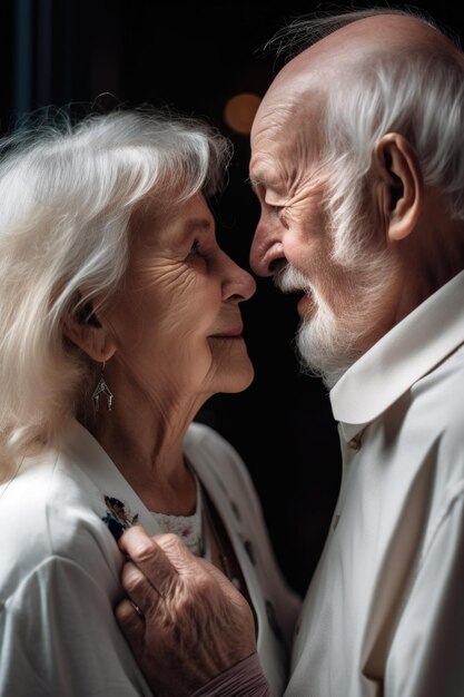 Foto captura aproximada de um casal de idosos de mãos dadas enquanto se olham nos olhos