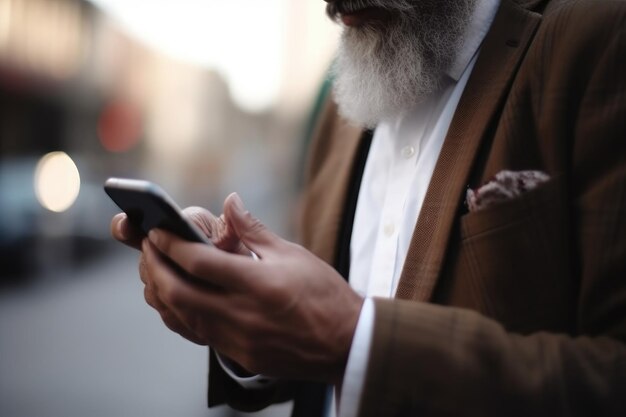 Captura aproximada de um empresário irreconhecível enviando mensagens de texto em um celular criado com IA generativa