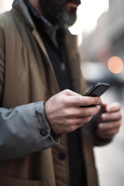 Captura aproximada de um homem irreconhecível usando um telefone celular no centro da cidade criado com generative ai