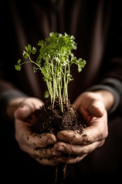 Captura aproximada de um homem não identificável segurando uma planta que cresce no solo criado com ai generativa