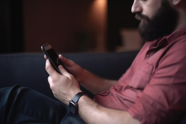 Captura aproximada de um homem usando seu telefone celular enquanto está sentado no sofá criado com ai generativa