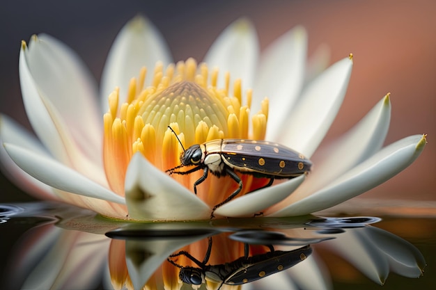 Captura aproximada de um inseto em uma flor de lótus mostrando a beleza da natureza gerada por IA