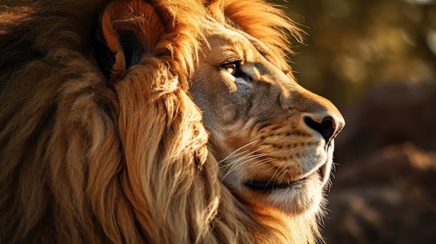 Captura aproximada de um majestoso leão dourado olhando confiantemente para longe