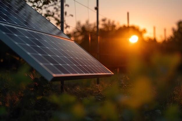 Captura aproximada de um painel solar fotovoltaico com um belo pôr do sol ao fundo, apresentando o conceito de energia renovável Generative Ai