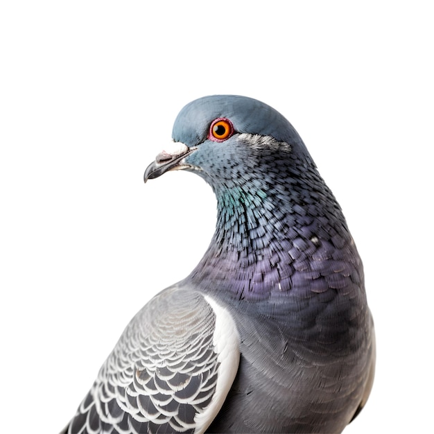 Captura aproximada de um pombo-correio com bela plumagem colorida isolada em um fundo branco