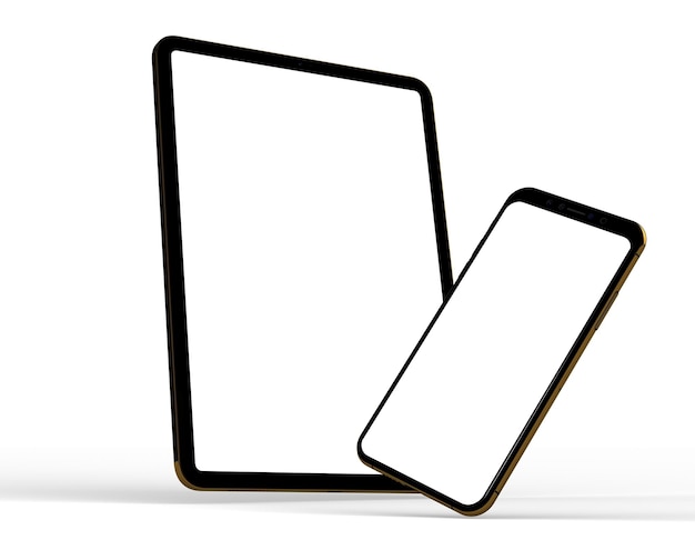 Captura aproximada de um tablet e um smartphone com uma tela branca simples sobre um fundo branco