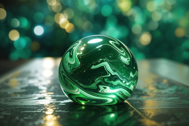 Captura aproximada de uma bola de gude verde em cima de uma superfície iluminada