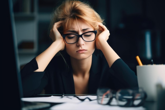 Captura aproximada de uma empresária parecendo estressada em sua mesa criada com IA generativa