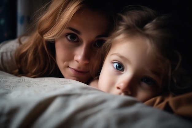 Captura aproximada de uma garotinha deitada sobre sua mãe na cama criada com ai generativa