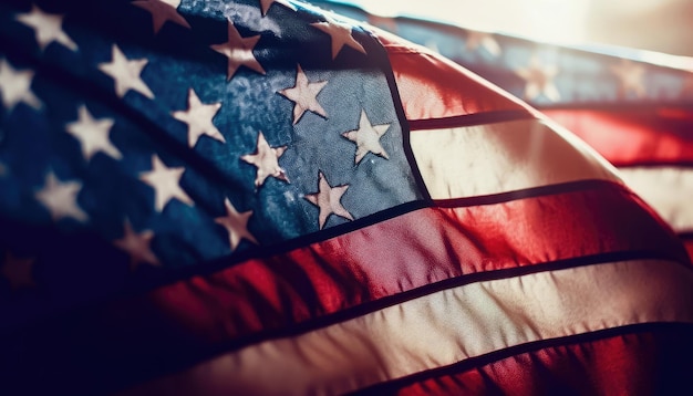 Captura aproximada de uma majestosa bandeira americana acenando, simbolizando orgulho e patriotismo IA generativa
