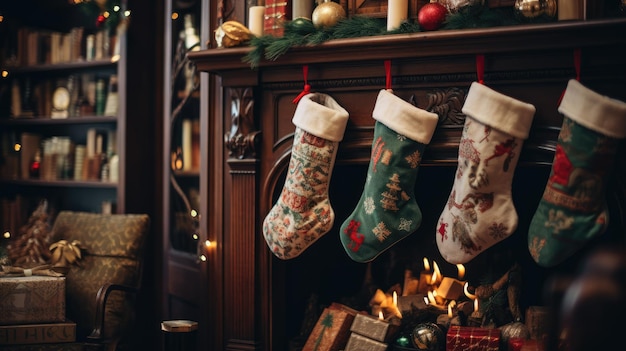 Captura aproximada de uma meia tradicional de Natal transbordando de guloseimas e pequenos presentes