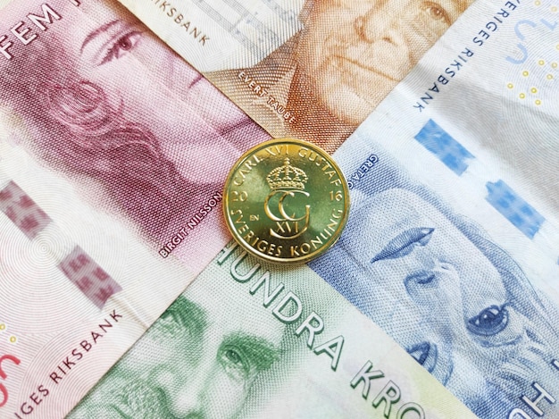 Foto captura aproximada de uma moeda sueca colocada em notas suecas
