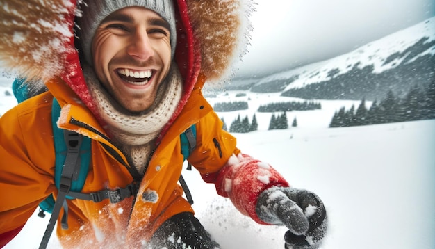 Captura aproximada de uma pessoa com uma alegria brilhante de equipamento de inverno evidente em seu rosto enquanto navega pela neve fresca em uma cena serena de inverno