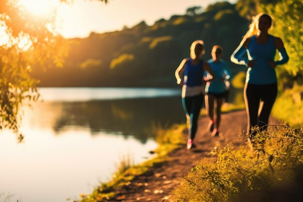 Captura aproximada de vários atletas correndo ao pôr do sol à beira do lago no parque nacional Generative AI