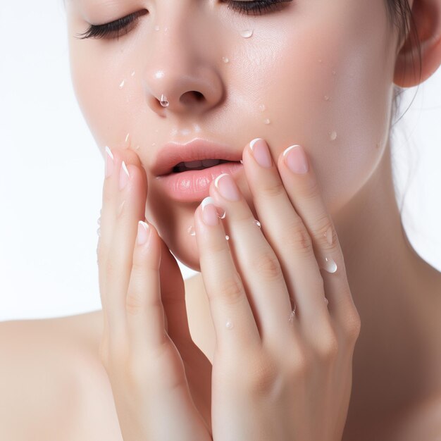 Captura aproximada do rosto de uma mulher bonita com pele bonita e gotas de água