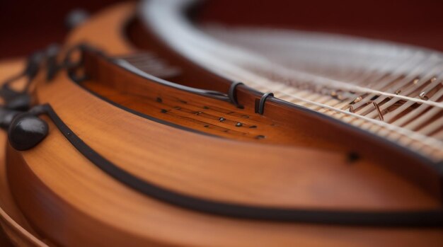 Foto captura artística de cordas harmoniosas do pescoço ressonante de um bandolim