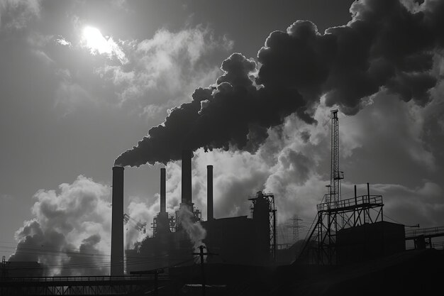 Captura en blanco y negro del humo que emana de una fábrica industrial creando una escena surrealista y cautivadora