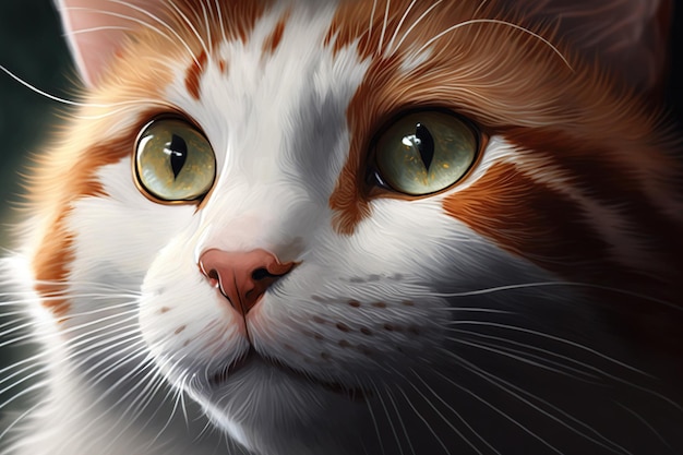 Captura de cabeza macro detallada de un gato rojo y blanco con impresionantes ojos ámbar