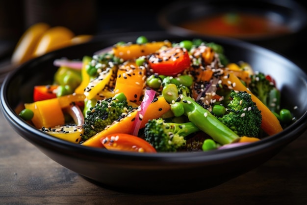 Una captura cautivadora de un frito colorido cargado con una variedad de verduras vibrantes y sin esfuerzo arrojado con nutritivas semillas de sésamo negro añadiendo un toque de elegancia y profundidad de sabor