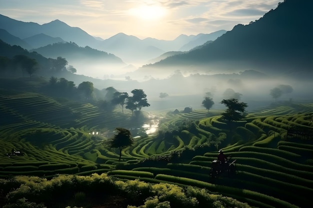 Captura cinematográfica aproximada de agricultores colhendo campos em socalcos de alta qualidade