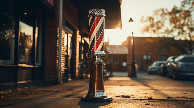 Foto captura cinematográfica do poste de barbeiro tradicional com elegância ao ar livre