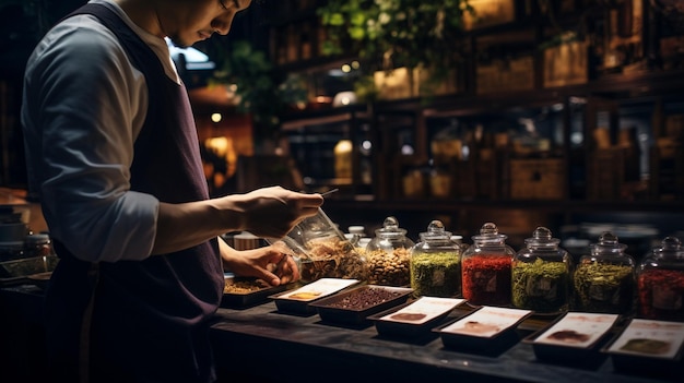 Captura cinematográfica de un momento sereno en una tienda de té tradicional
