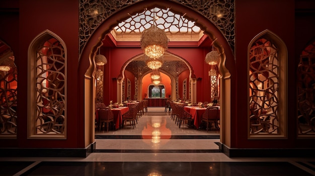 Captura cinematográfica mostrando a elegância dos interiores de restaurantes indianos