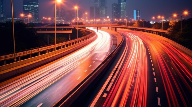 Captura de movimento de luz de trilha no tráfego na rodovia à noite