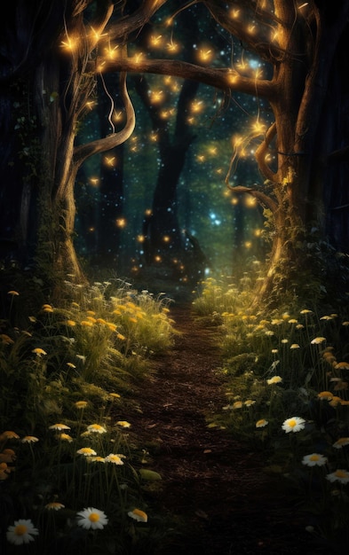 Captura de um caminho de sonho na floresta à noite