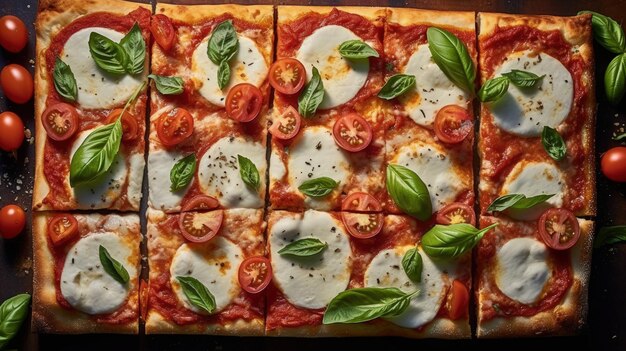 captura de uma pizza margherita cores vibrantes texturas e ingredientes mussarela de manjericão fresco