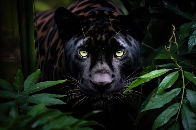 Foto captura de uma poderosa pantera camuflada nas sombras de uma densa selva