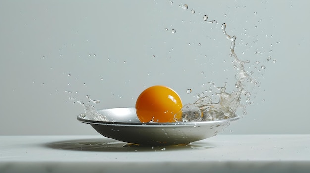 Captura dinâmica de movimento de um ovo espalhado em uma tigela fotografia de comida moderna ação de cozinha congelada no tempo conceito de frescura AI visual