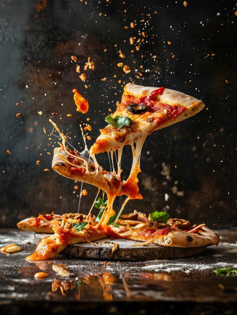 Foto captura dramática de una rebanada de pizza de queso con coberturas volando en medio de una explosión en el aire