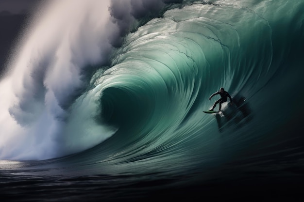 Captura la emoción de un hombre hábilmente montando una ola en la parte superior de su tabla de surf Surfista profesional termina de montar otra ola de tubo épica Generada por IA