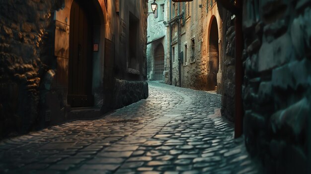 Captura el encanto de una época pasada con esta imagen cautivadora de un estrecho callejón de adoquines en una antigua ciudad bañado en la cálida luz de la noche misteriosas sombras bailan a lo largo de la antigua