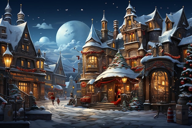 Captura el encanto mágico de una plaza de pueblo nevada con el fondo de Cristamas