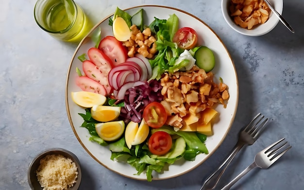 Foto captura la esencia de la ensalada cobb en una fotografía de comida deliciosa