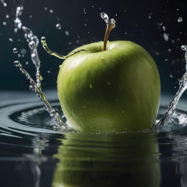 Captura de fotografía profesional de alta velocidad Manzana verde que se hunde en el tanque de agua