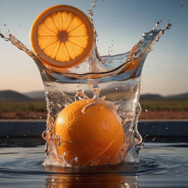 Captura de fotografía profesional de alta velocidad Naranja que se hunde en el tanque de agua