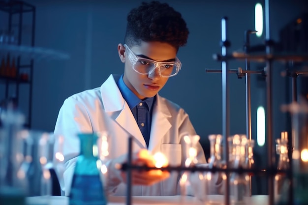 Captura de un joven científico que realiza un experimento en un laboratorio creado con inteligencia artificial generativa